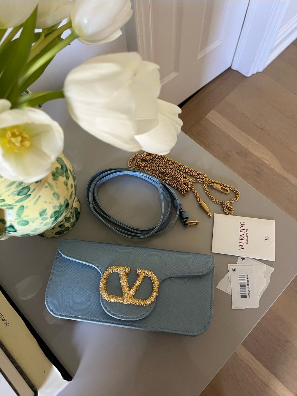 Valentino Garavani Blue Loco Clutch in Moire Fabric with Crystal Logo